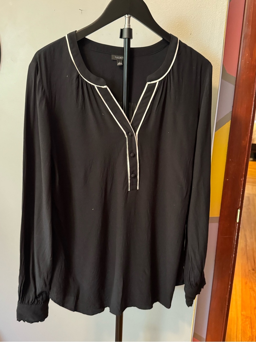 Talbots Black Long-Sleeve Button-Front Blouse with White Trim